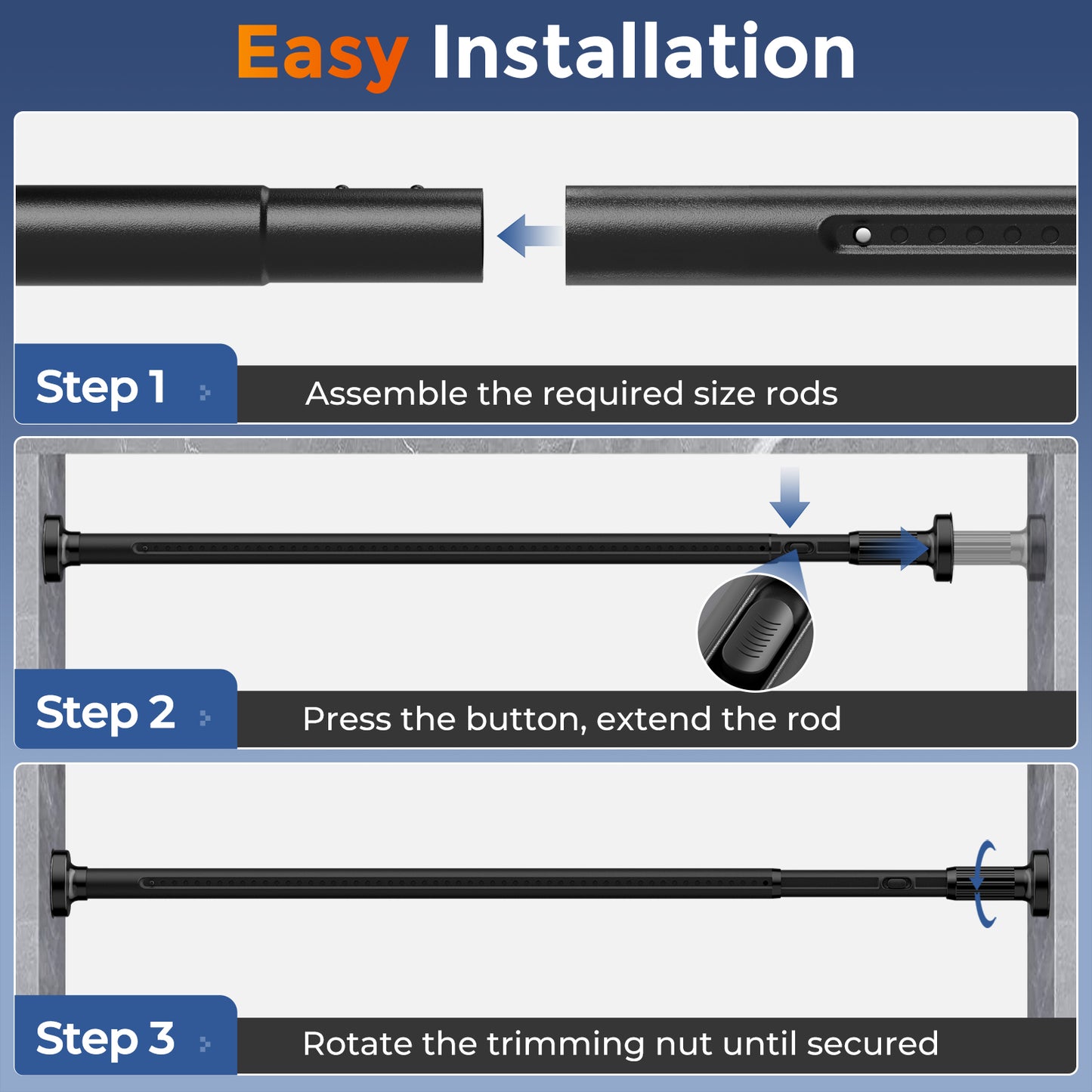 AZ19L ALLZONE Adjustable Tension Curtain Rod, 40-121 inches, Heavy Duty Curtain Rods No Drilling, Anti-Slip Tension Rod for Window, Shower, Outdoor & Patio, Easy to Install, 1.26In Diamete