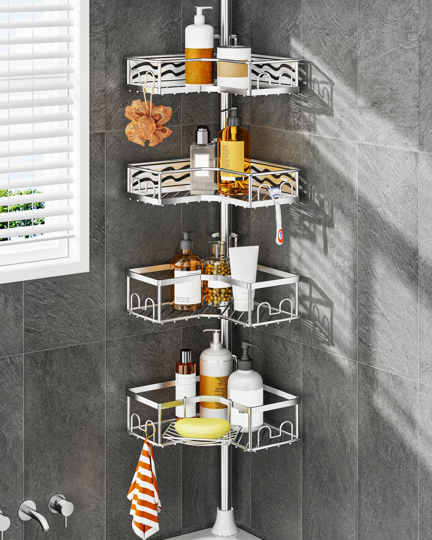 AZ16 Shower Caddy Tension Pole, Rustproof Stainless Steel Poles & 4-Tier Durable/Adjustable Shelves, Fit 34 to 116 Inch Height