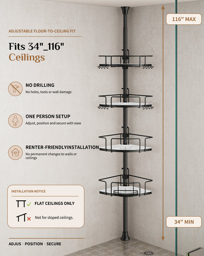 ALLZONE AZ18 Two-Tone Corner Shower Caddy Tension Pole for Bath Shampoo Storage
