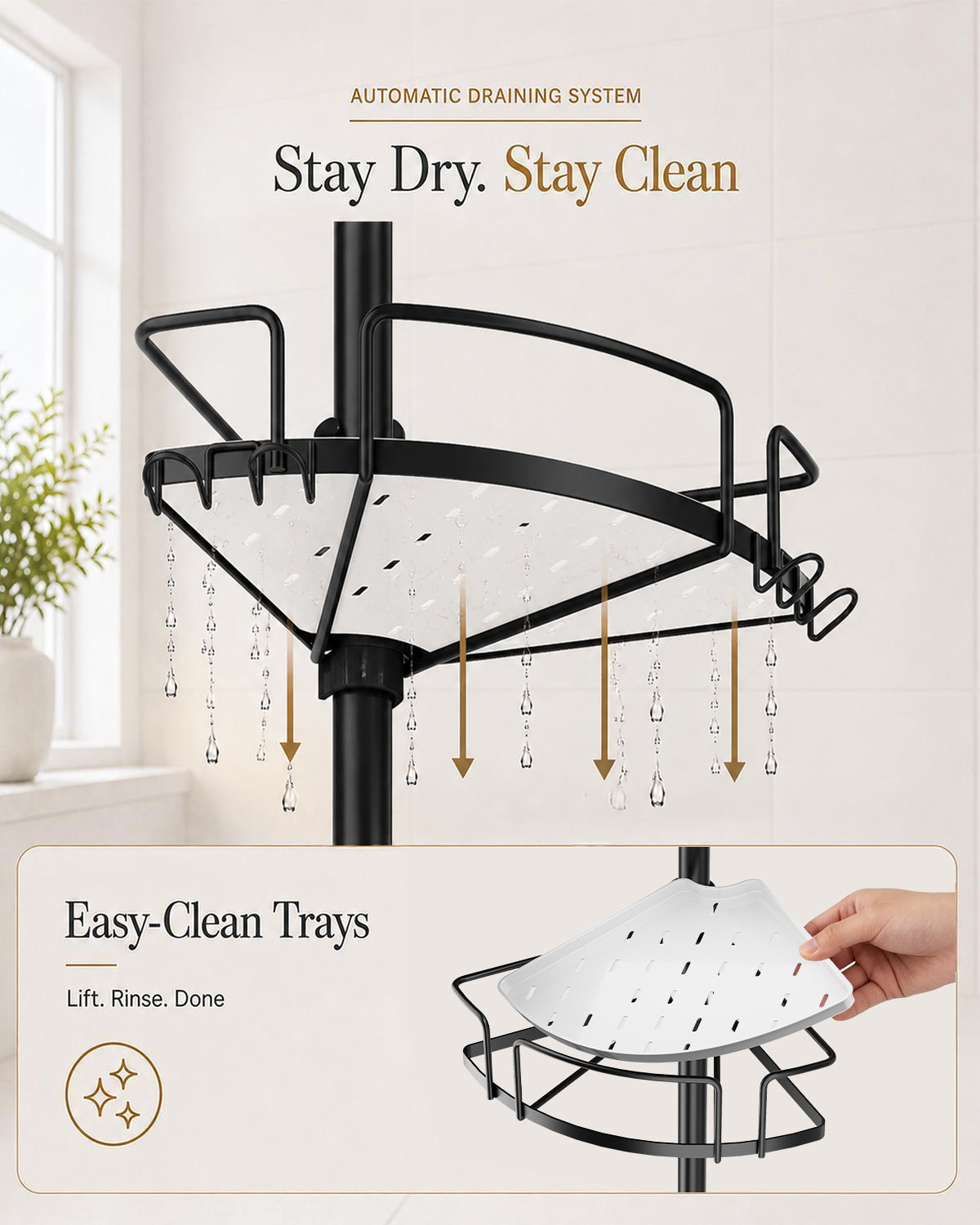 ALLZONE AZ18 Two-Tone Corner Shower Caddy Tension Pole for Bath Shampoo Storage