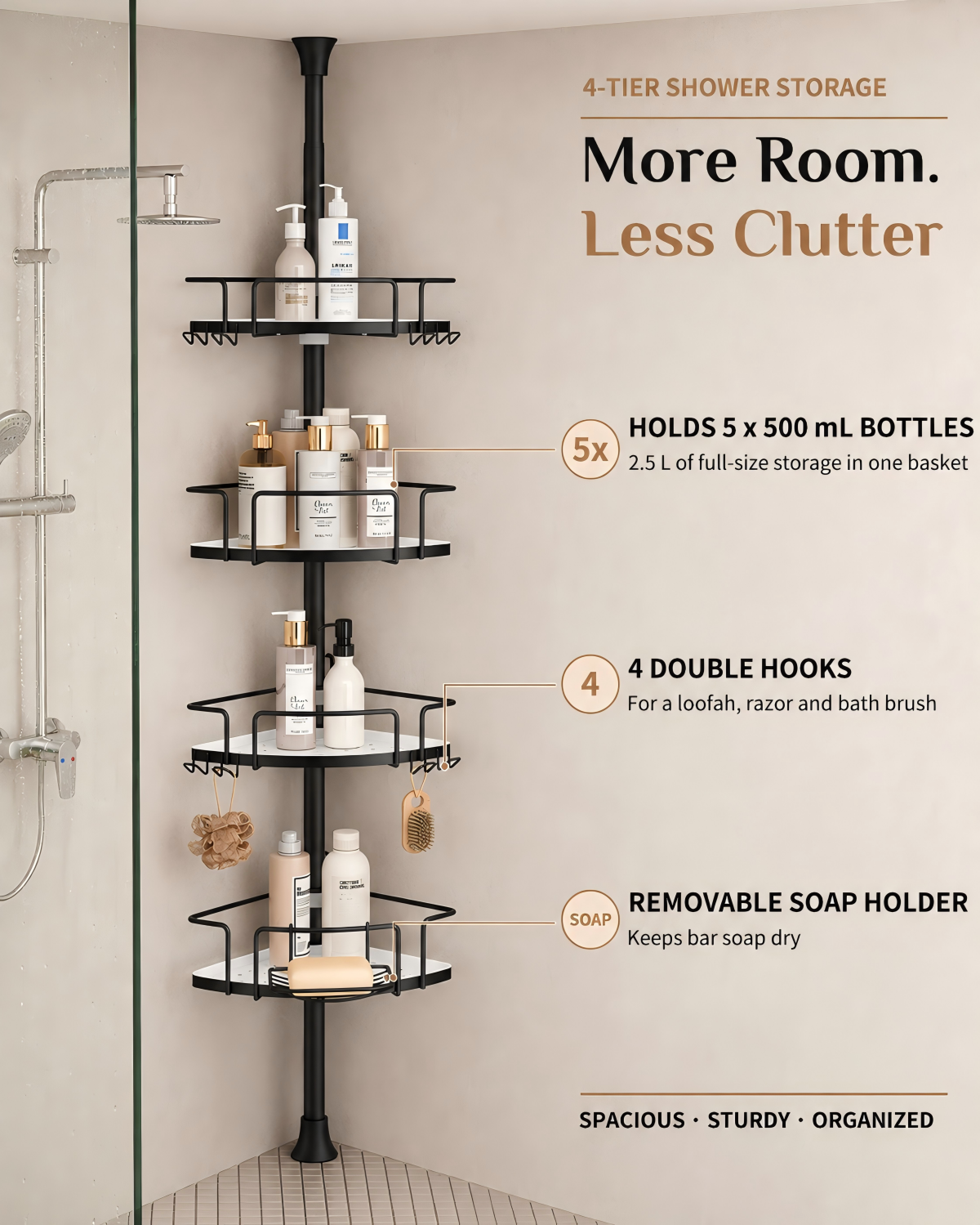 ALLZONE AZ18 Two-Tone Corner Shower Caddy Tension Pole for Bath Shampoo Storage