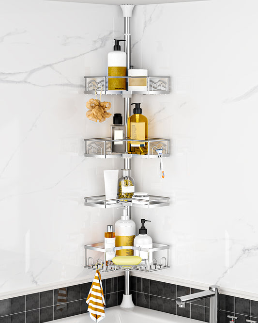 AZ16 Shower Caddy Tension Pole, Rustproof Stainless Steel Poles & 4-Tier Durable/Adjustable Shelves, Fit 34 to 116 Inch Height