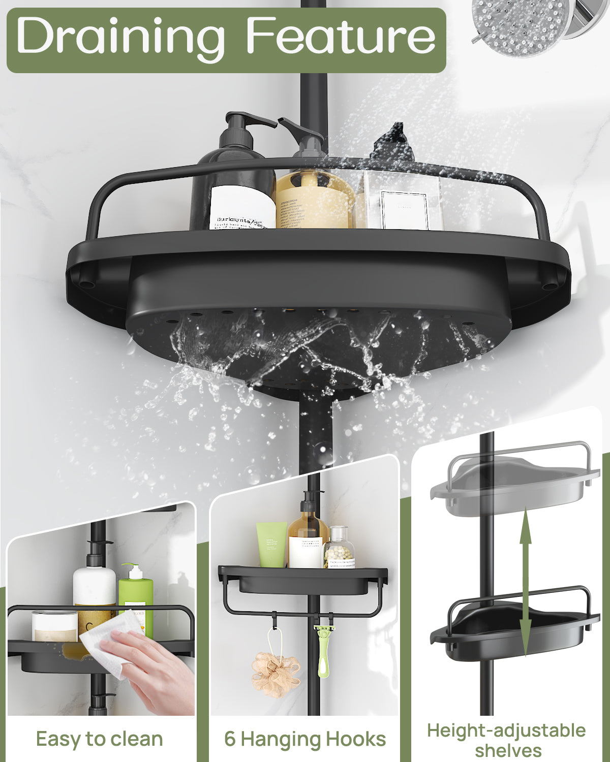 AZ03 Corner Shower Caddy,Rustproof Stainless Steel Poles & 4-Tier Durable/Adjustable Plastic Shelves, Fit 34 to 116 Inch Height