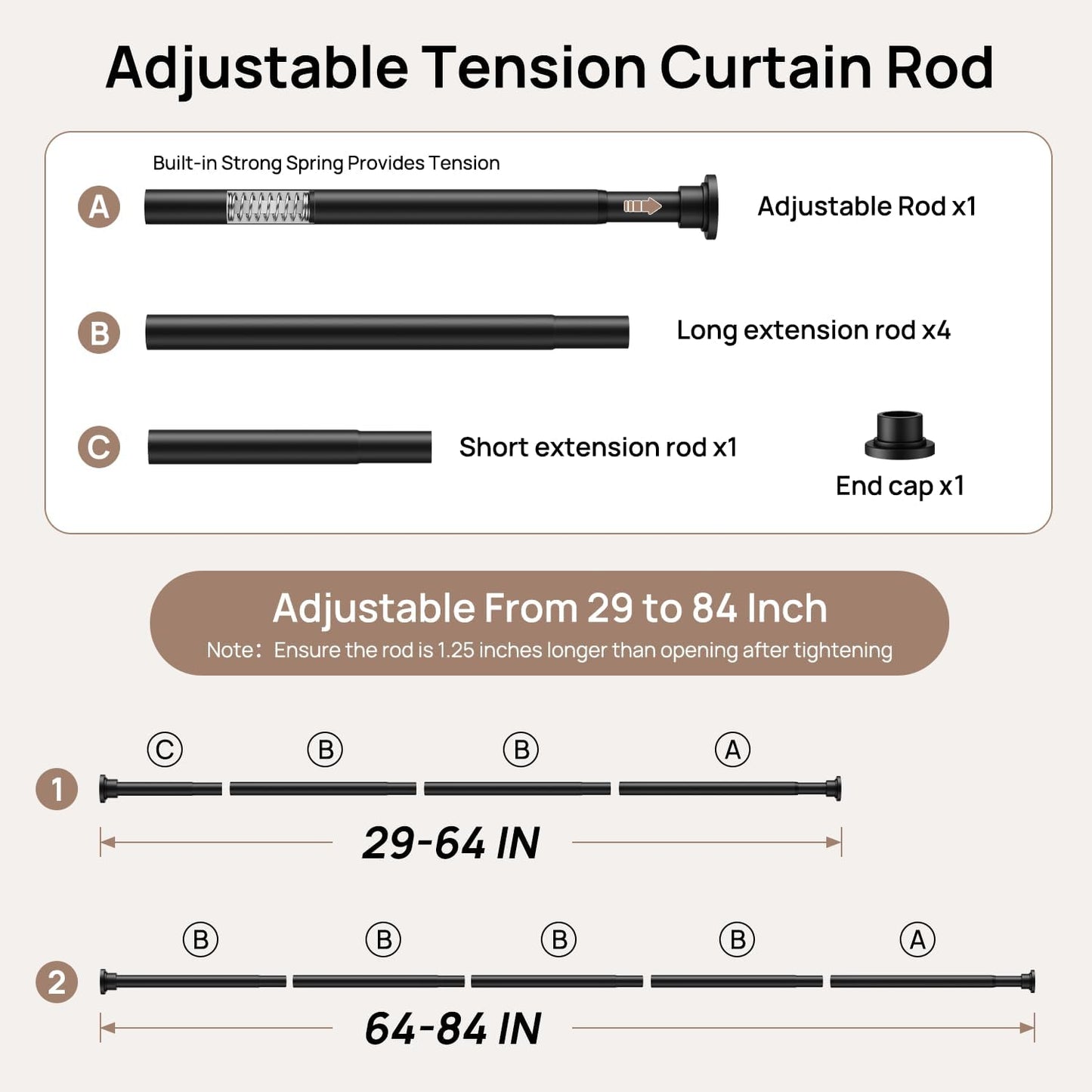 AZ01M Tension Rod for Shower Curtain, Window Curtain, 29 to 84 Inches, Spring Loaded,Stable and Anti-Slip