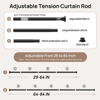 AZ01M Tension Rod for Shower Curtain, Window Curtain, 29 to 84 Inches, Spring Loaded,Stable and Anti-Slip