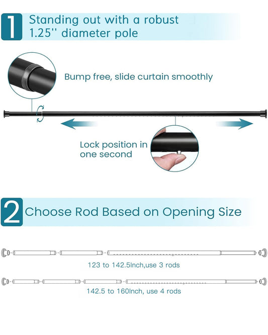 AZ02XL Tension Curtain Rods for Windows,Room Divider,123 to 160 Inches,Spring Loaded with Central Support Bracket Included,Stable