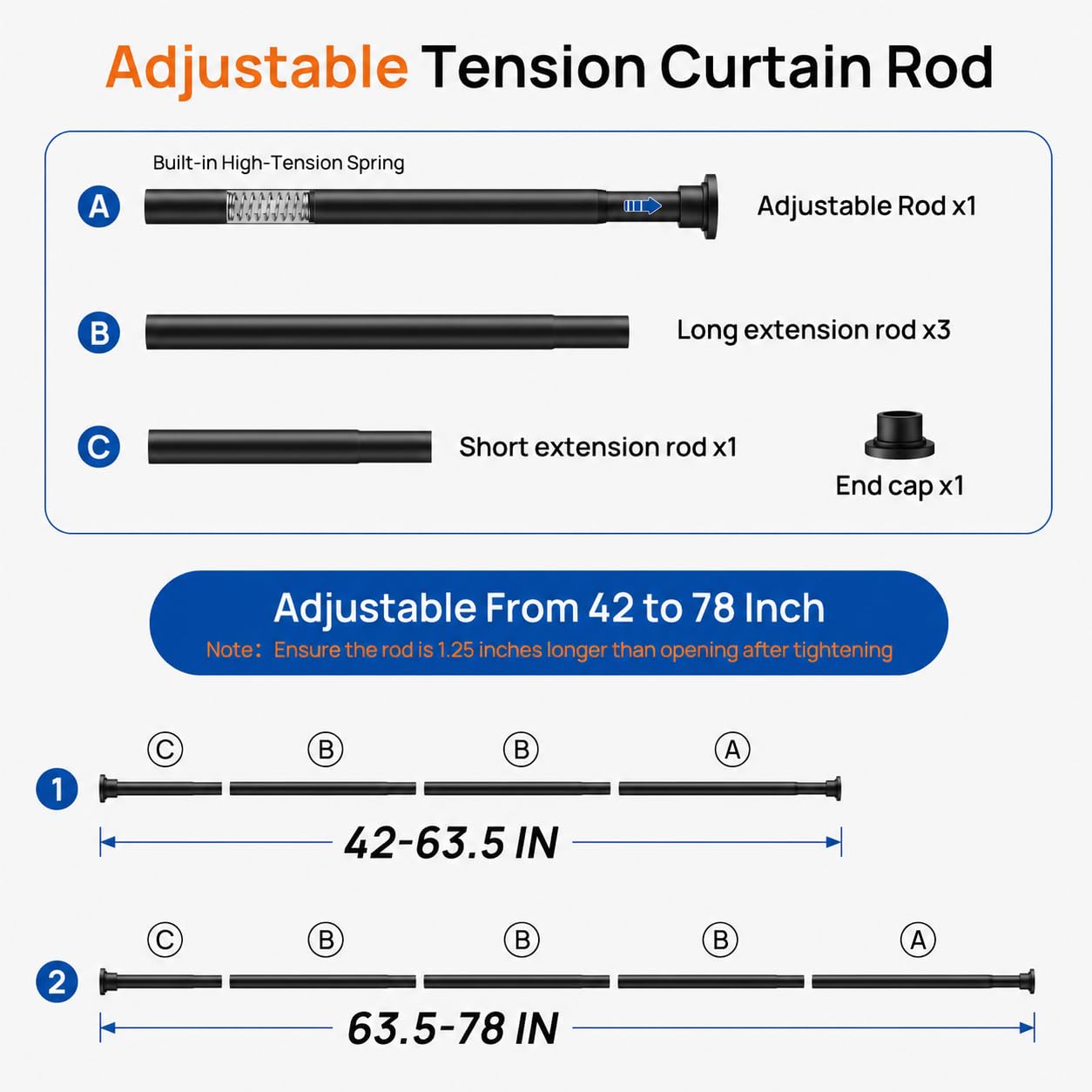 AZ02M Shower Curtain Rod 42-78 Inches for Bathroom