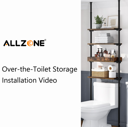 AZ06 4-Tier Over the Toilet Storage with Adjustable Shelves, Tension Mount, Constructed of Metal Poles and Wood Shelves, Pole Fits 92 to 116 Inch Height